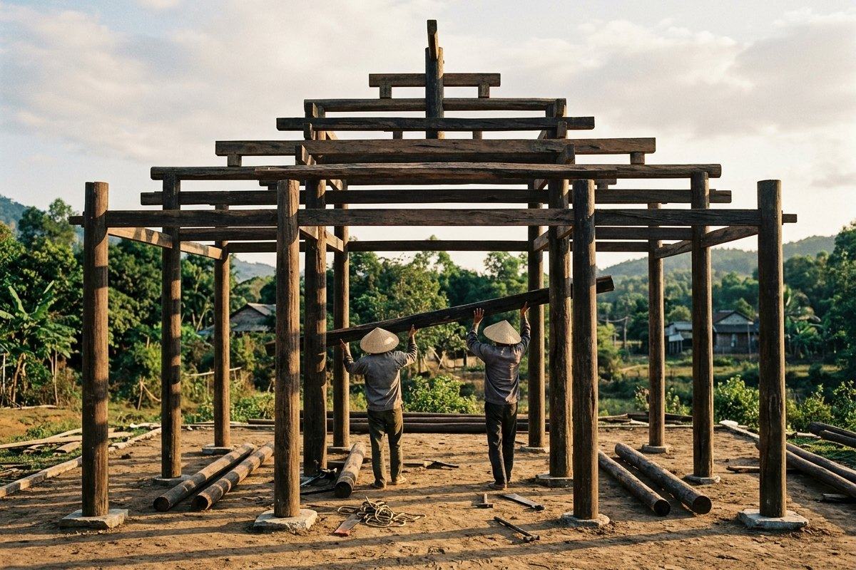 Khung nhà ba gian đang dựng, thợ khiêng xà lên cột