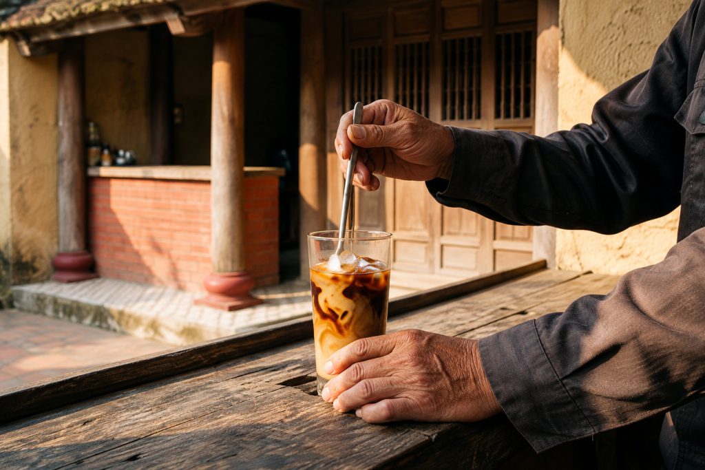 Pha ly cà phê sữa đá bên hiên nhà Nâu Đá
